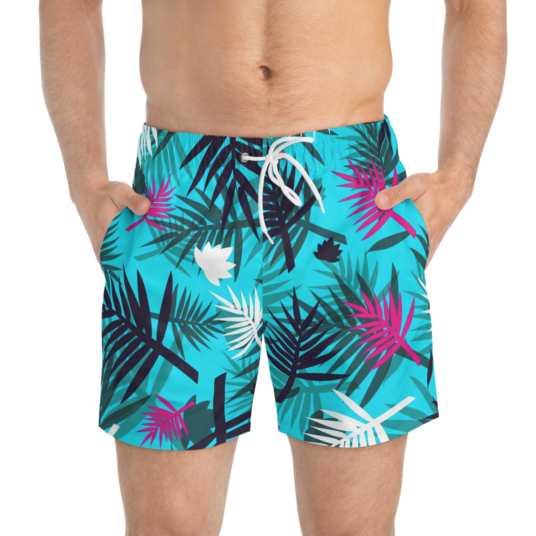 Tropical Palm Print Swim Trunks — Teal & Magenta Beach Shorts