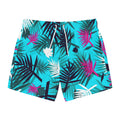 Tropical Palm Print Swim Trunks — Teal & Magenta Beach Shorts