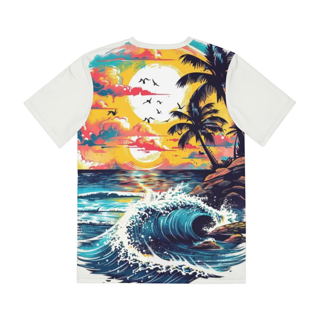 Tropical Sunset Surf Graphic Tee — Palm Trees, Waves & Beach Scene