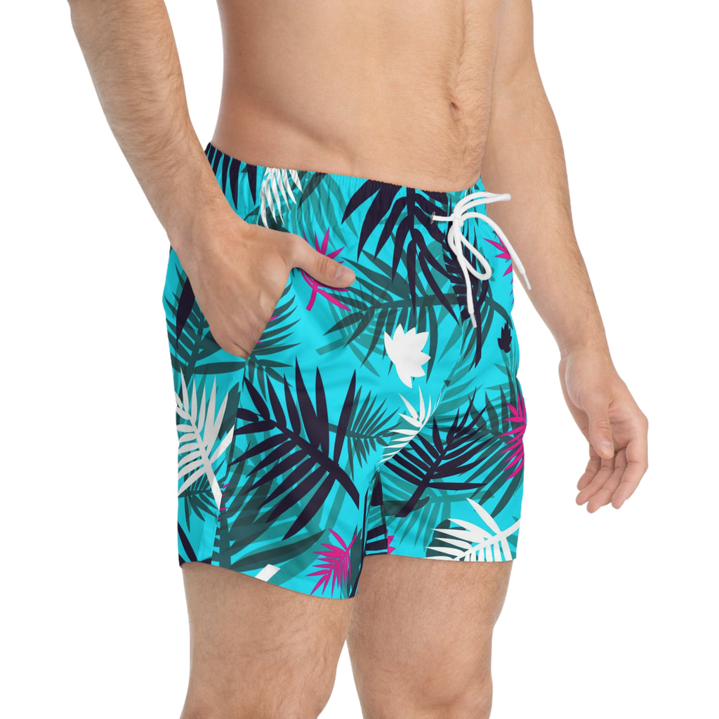 Tropical Palm Print Swim Trunks — Teal & Magenta Beach Shorts