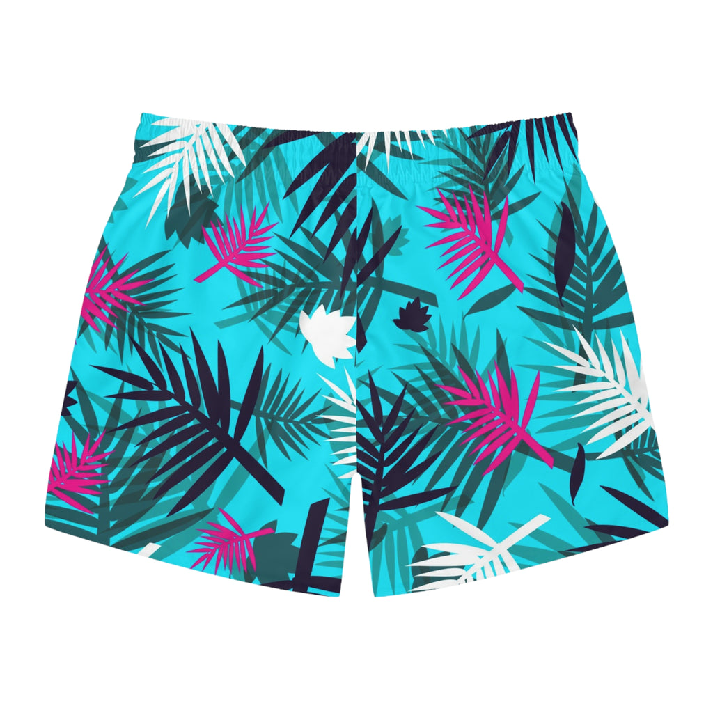 Tropical Palm Print Swim Trunks — Teal & Magenta Beach Shorts